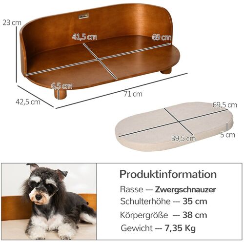 PawHut Hundebett mit Kissen natur 71L x 42,5B x 23H cm