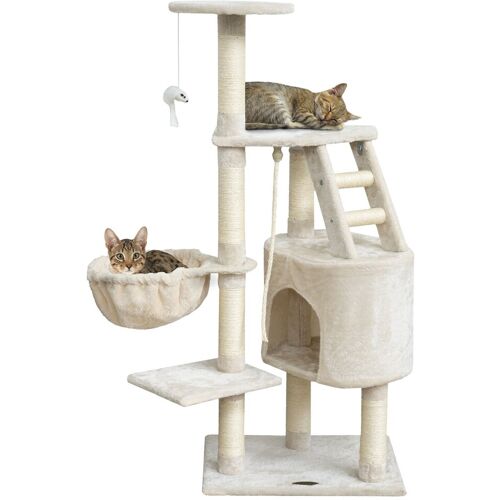 HAPPYPET Kratzbaum 'Julien' 120 cm hoch – Sisal, Höhle, Liegemulde und Leiter, Katzenkratzbaum Katzenbaum für Katzen, mittelgroß, mit Spielmaus   Creme 120 cm