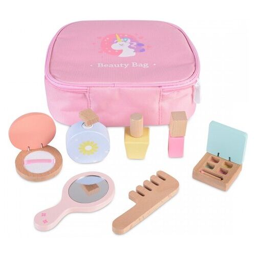 Moni Holz-Spielzeug Kosmetik-Set 4502 Tasche mit 7 Teilen, Spiegel, Kamm, Parfüm rosa