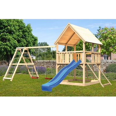 Karibu Spielturm Luis Doppelschaukel Klettergerüst Netzrampe Rutsche Blau Karibu Spielturm Luis Doppelschaukel Klettergerüst Netzrampe Rutsche Blau