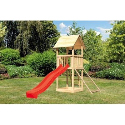 Karibu Spielturm Lotti mit Satteldach, Netzrampe & Rutsche Rot Karibu Spielturm Lotti mit Satteldach, Netzrampe & Rutsche Rot