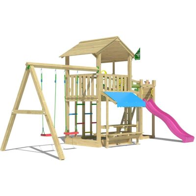 Jungle Gym Spielturm Cascade Holz Picnic m. 2 Schaukeln Brücke Rutsche Fuchsia Jungle Gym Spielturm Cascade Holz Picnic m. 2 Schaukeln Brücke Rutsche Fuchsia