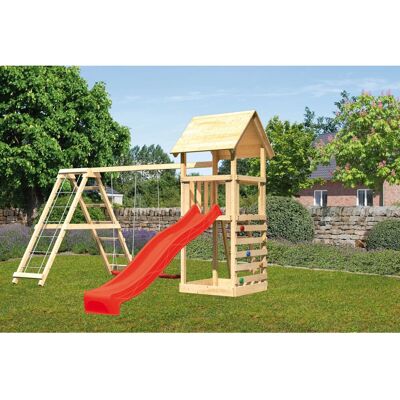 Karibu Spielturm Lotti mit Doppelschaukel Klettergerüst Kletterwand Rutsche Rot Karibu Spielturm Lotti mit Doppelschaukel Klettergerüst Kletterwand Rutsche Rot