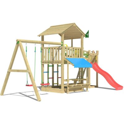 Jungle Gym Spielturm Cascade Holz Picnic m. 2 Schaukeln Brücke Rutsche Rot Jungle Gym Spielturm Cascade Holz Picnic m. 2 Schaukeln Brücke Rutsche Rot