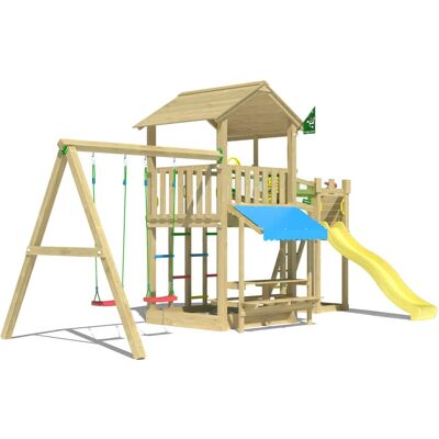 Jungle Gym Spielturm Cascade Holz Picnic m. 2 Schaukeln Brücke Rutsche Gelb Jungle Gym Spielturm Cascade Holz Picnic m. 2 Schaukeln Brücke Rutsche Gelb