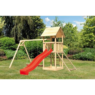 Karibu Spielturm Lotti mit Doppelschaukel, Netzrampe & Rutsche Rot Karibu Spielturm Lotti mit Doppelschaukel, Netzrampe & Rutsche Rot