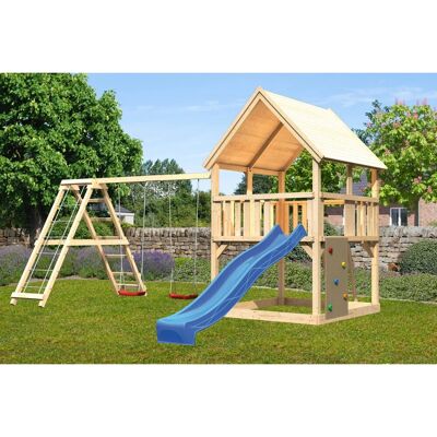 Karibu Spielturm Luis Doppelschaukel Kletterg. Kletterwand Rutsche Blau Karibu Spielturm Luis Doppelschaukel Kletterg. Kletterwand Rutsche Blau