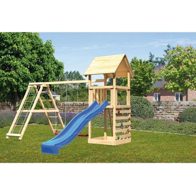 Karibu Spielturm Lotti mit Doppelschaukel Klettergerüst Kletterwand Rutsche Blau Karibu Spielturm Lotti mit Doppelschaukel Klettergerüst Kletterwand Rutsche Blau