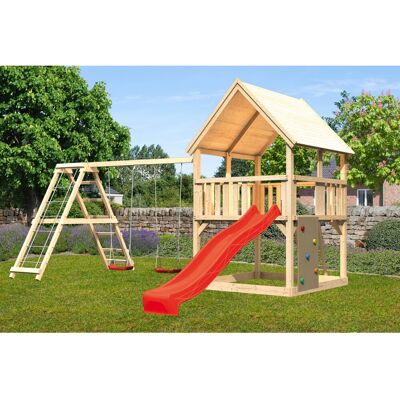 Karibu Spielturm Luis Doppelschaukel Kletterg. Kletterwand Rutsche Rot Karibu Spielturm Luis Doppelschaukel Kletterg. Kletterwand Rutsche Rot