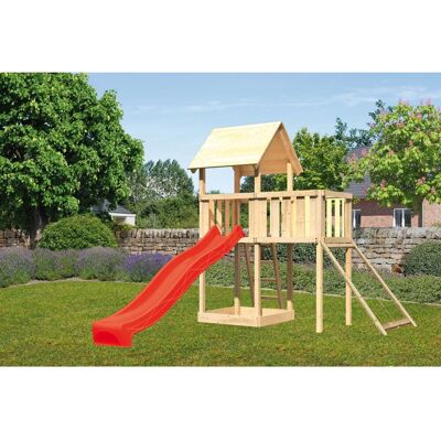 Karibu Spielturm Lotti mit Anbauplattform Netzrampe Rutsche Rot Karibu Spielturm Lotti mit Anbauplattform Netzrampe Rutsche Rot