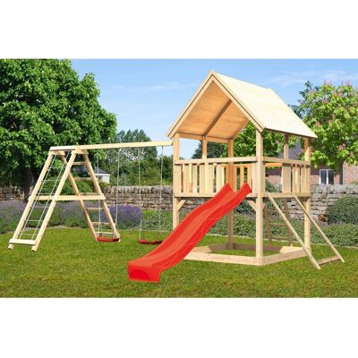 Karibu Spielturm Luis Doppelschaukel Klettergerüst Netzrampe Rutsche Rot Karibu Spielturm Luis Doppelschaukel Klettergerüst Netzrampe Rutsche Rot