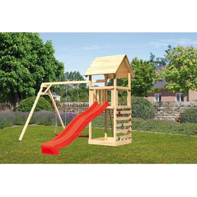Karibu Spielturm Lotti mit Doppelschaukel & Kletterwand Rutsche Rot Karibu Spielturm Lotti mit Doppelschaukel & Kletterwand Rutsche Rot