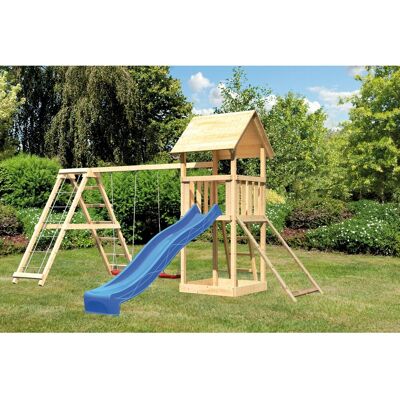Karibu Spielturm Lotti mit Doppelschaukel, Netzrampe, Klettergerüst&Rutsche Blau Karibu Spielturm Lotti mit Doppelschaukel, Netzrampe, Klettergerüst&Rutsche Blau