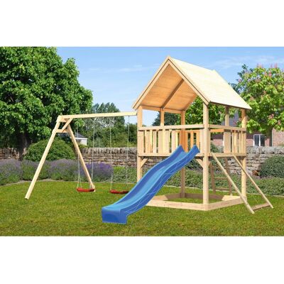 Karibu Spielturm Luis Satteldach Doppelschaukel Netzrampe Rutsche Blau Karibu Spielturm Luis Satteldach Doppelschaukel Netzrampe Rutsche Blau