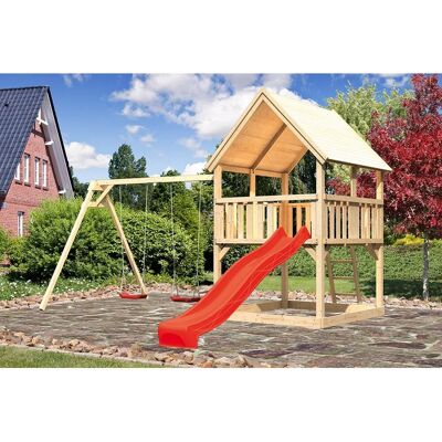 Karibu Spielturm Luis Satteldach Set m. Doppelschaukel u. Rutsche Rot Karibu Spielturm Luis Satteldach Set m. Doppelschaukel u. Rutsche Rot