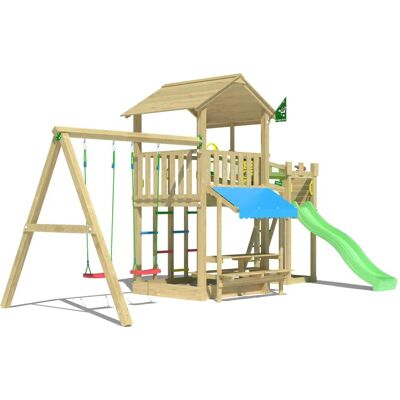 Jungle Gym Spielturm Cascade Holz Picnic m. 2 Schaukeln Brücke Rutsche Hellgr. Jungle Gym Spielturm Cascade Holz Picnic m. 2 Schaukeln Brücke Rutsche Hellgr.