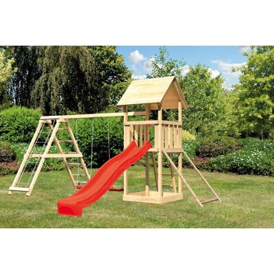Karibu Spielturm Lotti mit Doppelschaukel, Netzrampe, Klettergerüst&Rutsche Rot Karibu Spielturm Lotti mit Doppelschaukel, Netzrampe, Klettergerüst&Rutsche Rot