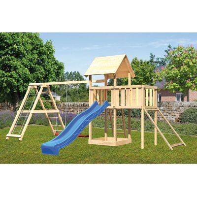 Karibu Spielturm Lotti Doppelschaukel Klettergerüst Plattform Netz Rutsche Blau Karibu Spielturm Lotti Doppelschaukel Klettergerüst Plattform Netz Rutsche Blau