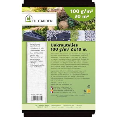 TTL GARDEN Unkrautvlies 100g/m² 2x10m (20m²) Schwarz Gartenvlies Mulchvlies UV-stabil wasserdurchlässig für Beet Wege & Terrasse TTL GARDEN Unkrautvlies 100g/m² 2x10m (20m²) Schwarz Gartenvlies Mulchvlies UV-stabil wasserdurchlässig für Beet Wege & Terrasse