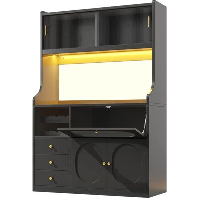Merax Hochküchenschrank 120cm RGB-LED Glasschiebetüren Weinregal 3 Schubladen Merax Hochküchenschrank 120cm RGB-LED Glasschiebetüren Weinregal 3 Schubladen
