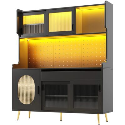 Merax Buffetschrank 145x39x171cm LED Fluted Glas Türen 5 Türen Braun/Schwarz Merax Buffetschrank 145x39x171cm LED Fluted Glas Türen 5 Türen Braun/Schwarz