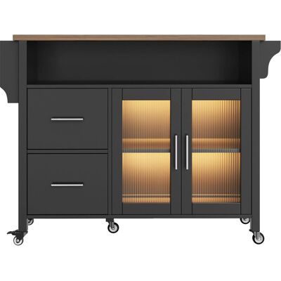 Merax Kücheninsel mit LED Glasvitrine Arbeitsplatte und Rollen Schwarz Merax Kücheninsel mit LED Glasvitrine Arbeitsplatte und Rollen Schwarz