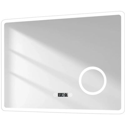 Emke Badspiegel mit 3-fache Vergrößerung 80 x 60 cm LED Spiegel mit 3 Lichtfarben Dimmbar Beschlagfrei Uhr Emke Badspiegel mit 3-fache Vergrößerung 80 x 60 cm LED Spiegel mit 3 Lichtfarben Dimmbar Beschlagfrei Uhr