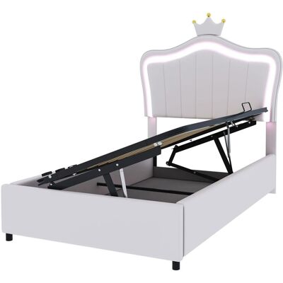 Merax Kinderbett 90x200cm Krone LED Hydraulik PU Weiß Merax Kinderbett 90x200cm Krone LED Hydraulik PU Weiß