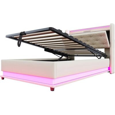 Merax Kinderbett 90x200cm LED USB Hydraulik Leinen Beige Merax Kinderbett 90x200cm LED USB Hydraulik Leinen Beige