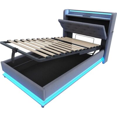 Merax Kinderbett 90x200cm LED USB Hydraulik Leinen Grau Merax Kinderbett 90x200cm LED USB Hydraulik Leinen Grau
