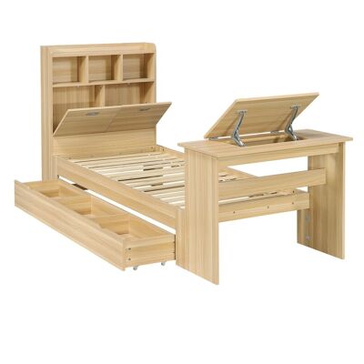 Merax Kinderbett 90x200cm mit Stauraum, Kopfteilregal, Schublade, Klapptisch, Naturholz Merax Kinderbett 90x200cm mit Stauraum, Kopfteilregal, Schublade, Klapptisch, Naturholz