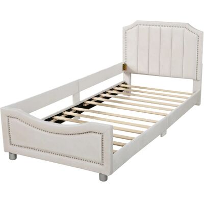 Merax Kinderbett 90x200cm Flanell Rückenlehne Beige Merax Kinderbett 90x200cm Flanell Rückenlehne Beige