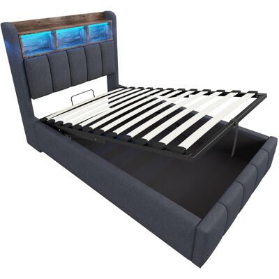 Merax Kinderbett 90x200cm LED USB Hydraulik Leinen Grau Merax Kinderbett 90x200cm LED USB Hydraulik Leinen Grau