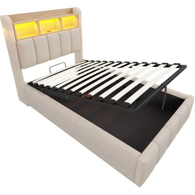 Merax Kinderbett 90x200cm LED USB Hydraulik Leinen Beige Merax Kinderbett 90x200cm LED USB Hydraulik Leinen Beige