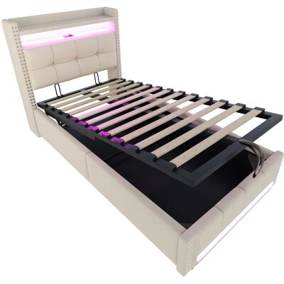 Merax Kinderbett 90x200cm LED USB Hydraulik Leinen Beige Merax Kinderbett 90x200cm LED USB Hydraulik Leinen Beige