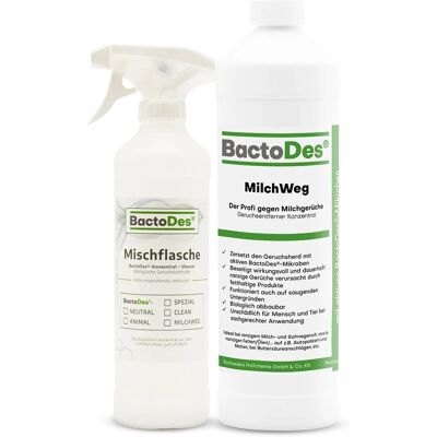 BactoDes MilchWeg Reiniger und Entferner Gegen Milchgeruch Buttersäure Fett- und Ölhaltige Produkte in 1L Flasche mit Misch- und Sprühflasche BactoDes MilchWeg Reiniger und Entferner Gegen Milchgeruch Buttersäure Fett- und Ölhaltige Produkte in 1L Flasche mit Misch- und Sprühflasche