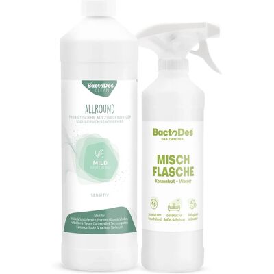 BactoDes Clean Allround Mild Probiotischer Allzweckreiniger und Geruchsentferner mit Sensitiven Duft in 1L Flasche mit Misch- und Sprühflasche BactoDes Clean Allround Mild Probiotischer Allzweckreiniger und Geruchsentferner mit Sensitiven Duft in 1L Flasche mit Misch- und Sprühflasche