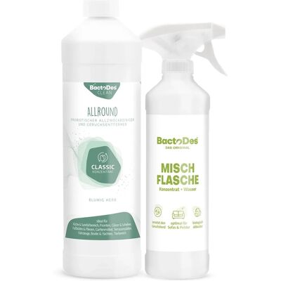 BactoDes Clean Allround Classic Probiotischer Allzweckreiniger und Geruchsentferner mit Blumig-Herben Duft in 1L Flasche mit Misch- und Sprühflasche BactoDes Clean Allround Classic Probiotischer Allzweckreiniger und Geruchsentferner mit Blumig-Herben Duft in 1L Flasche mit Misch- und Sprühflasche
