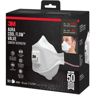 3M Komfort-Atemschutzmaske Aura mit Cool Flow-Ventil FFP3 10er-Pack 3M Komfort-Atemschutzmaske Aura mit Cool Flow-Ventil FFP3 10er-Pack
