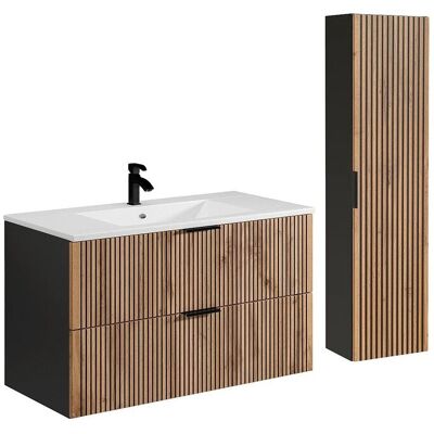 Vente-unique Badmöbel-Set Madela Schwarz Naturfarben Hell 100 cm Vente-unique Badmöbel-Set Madela Schwarz Naturfarben Hell 100 cm