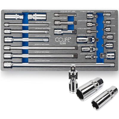CCLIFE 23tlg Steckschlüssel Verlängerung Satz 1/4'' 3/8'' 1/2'' Ratsche Knarre Verbindungsteile Stecknuss Adapter Kardangelenk Zündkerzen Nuss Cr-V CCLIFE 23tlg Steckschlüssel Verlängerung Satz 1/4'' 3/8'' 1/2'' Ratsche Knarre Verbindungsteile Stecknuss Adapter Kardangelenk Zündkerzen Nuss Cr-V