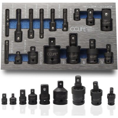CCLIFE 17tlg Stecknuss Adapter für Schlagschrauber 1/4'' 3/8'' 1/2'' 3/4'' Bit Nuss Kardangelenk Cr-Mo CCLIFE 17tlg Stecknuss Adapter für Schlagschrauber 1/4'' 3/8'' 1/2'' 3/4'' Bit Nuss Kardangelenk Cr-Mo