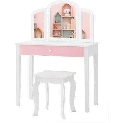 Costway 2 In 1 Kinder Schminktisch mit Klappbarem Spiegel Weiß Costway 2 In 1 Kinder Schminktisch mit Klappbarem Spiegel Weiß