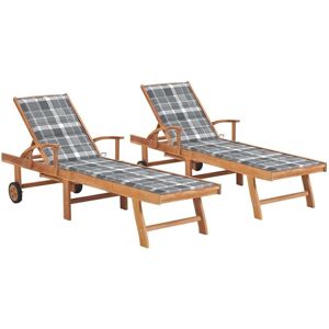 vidaXL Sonnenliegen 2 Stk. Auflagen Graues Karomuster Massivholz Teak vidaXL Sonnenliegen 2 Stk. Auflagen Graues Karomuster Massivholz Teak
