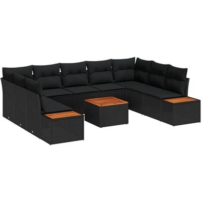 vidaXL 10-Teiliges Garten-Sofaset mit Kissen Schwarz Poly Rattan Akazie 3348169 vidaXL 10-Teiliges Garten-Sofaset mit Kissen Schwarz Poly Rattan Akazie 3348169