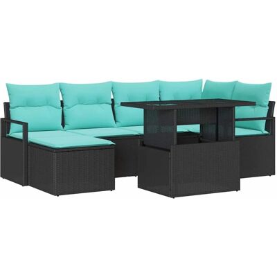 vidaXL Gartensofa-Set mit Speicher 7-Tlg Schwarz und Blau Poly Rattan 3348862 vidaXL Gartensofa-Set mit Speicher 7-Tlg Schwarz und Blau Poly Rattan 3348862