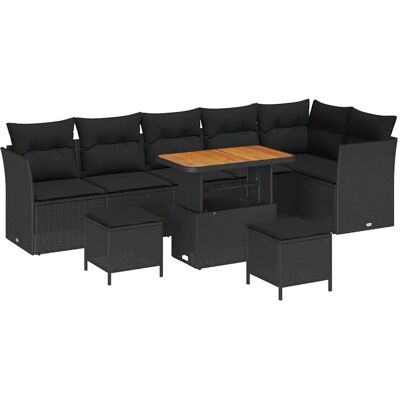 vidaXL 9-Teiliges Gartensofa-Set mit Kissen Schwarz Poly Rattan Akazie 3361504 vidaXL 9-Teiliges Gartensofa-Set mit Kissen Schwarz Poly Rattan Akazie 3361504