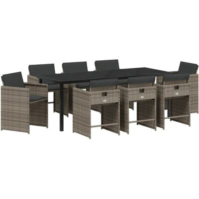 vidaXL 9-Teiliges Garten-Ess-Set mit Kissen Grau Poly Rattan 3379983 vidaXL 9-Teiliges Garten-Ess-Set mit Kissen Grau Poly Rattan 3379983
