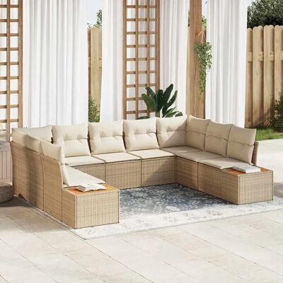vidaXL 9-Teiliges Garten-Sofaset mit Kissen in Beige Poly Rattan und Akazie 3348167 vidaXL 9-Teiliges Garten-Sofaset mit Kissen in Beige Poly Rattan und Akazie 3348167