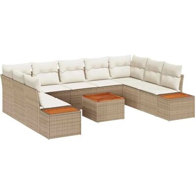 vidaXL 10-Teiliges Garten-Sofa-Set mit Kissen in Beige Poly Rattan Akazie 3348172 vidaXL 10-Teiliges Garten-Sofa-Set mit Kissen in Beige Poly Rattan Akazie 3348172